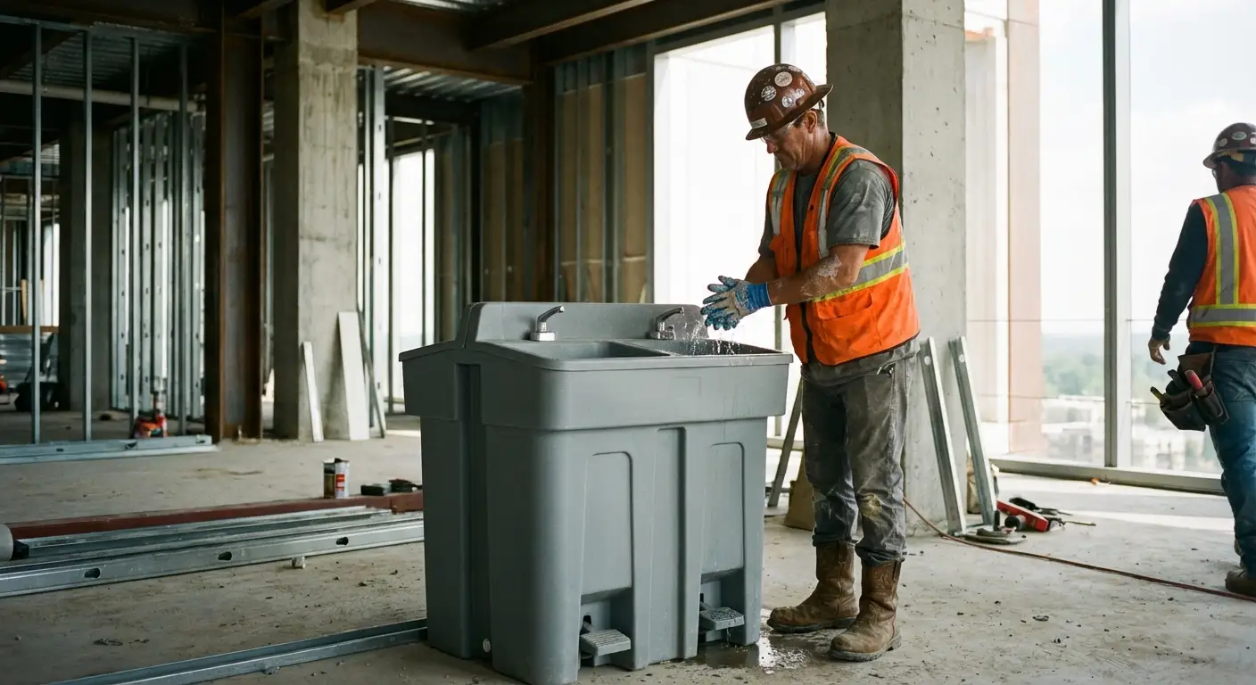 A dual-basin hand wash station positioned on a concrete floor of a high-rise construction site with the city skyline visible through open steel framing. in Menifee, CA