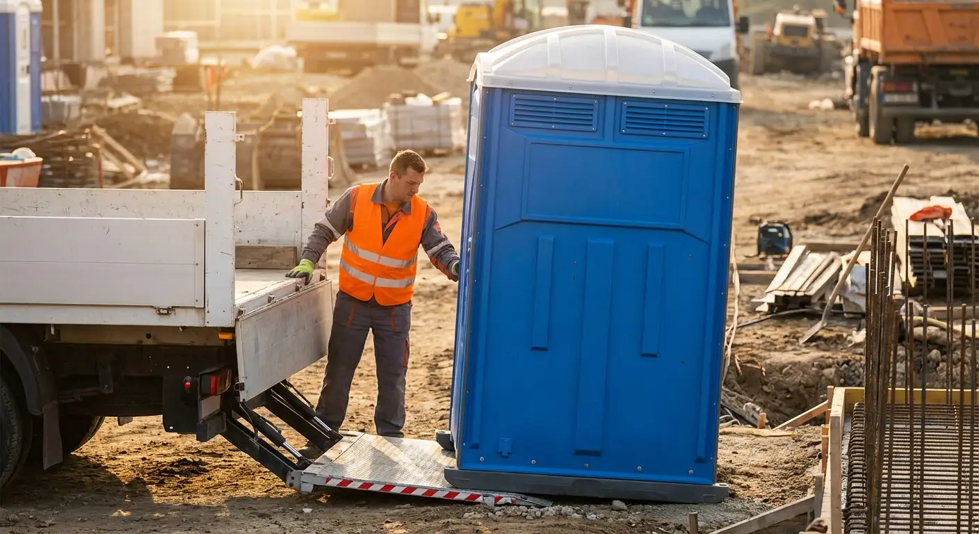 Portable toilet rental delivery truck in Menifee, CA