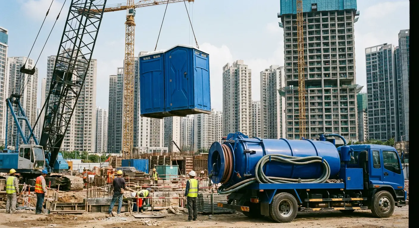 A High-Rise Crane Liftable Toilet unit suspended in mid-air by a crane against a city skyline during the day, showcasing the steel sling attachment. in Menifee, CA