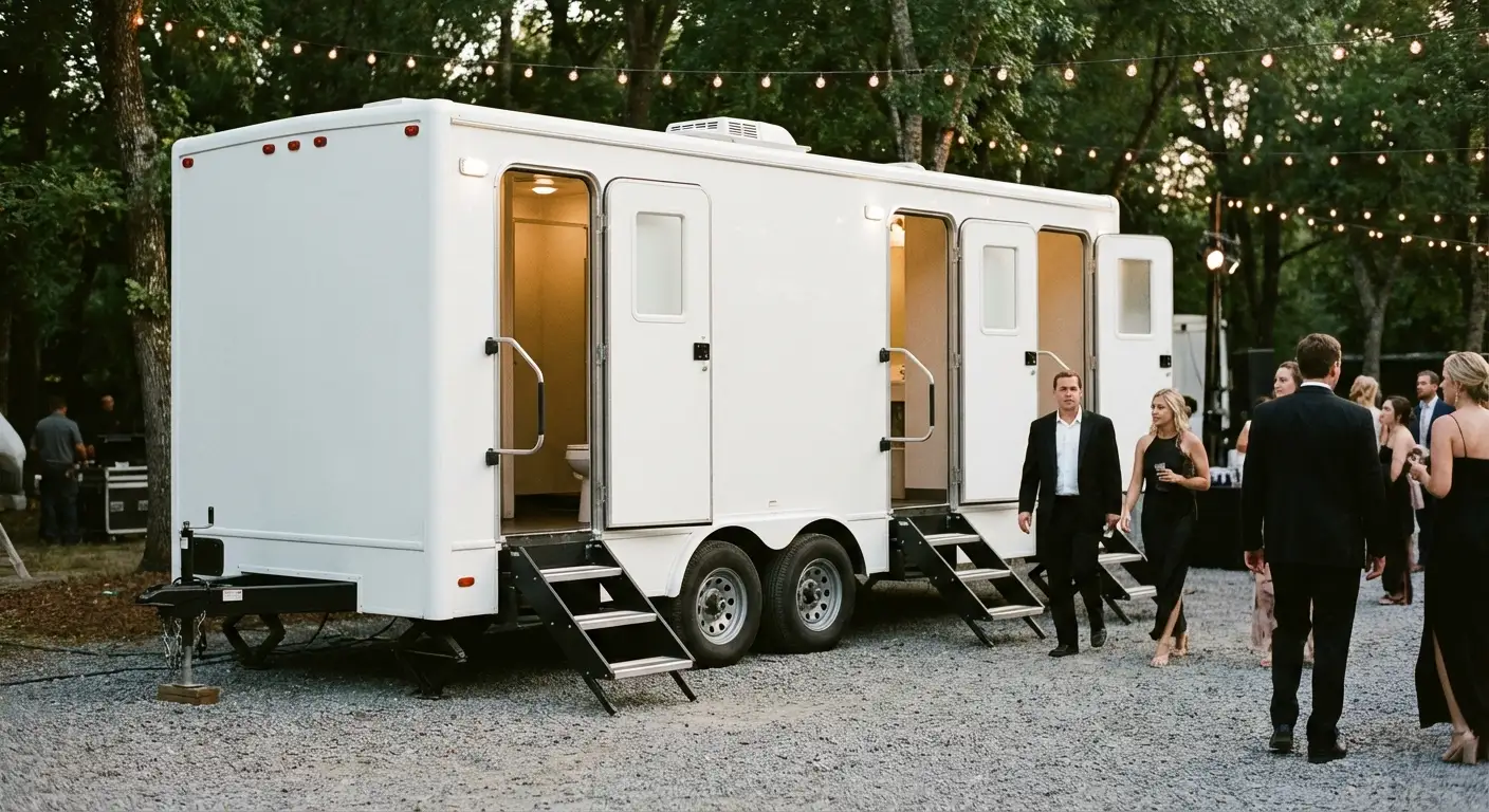 Exterior of a Luxury Restroom Trailer at an evening event, warm lighting spilling from the door, positioned discreetly near a manicured lawn. in Menifee, CA