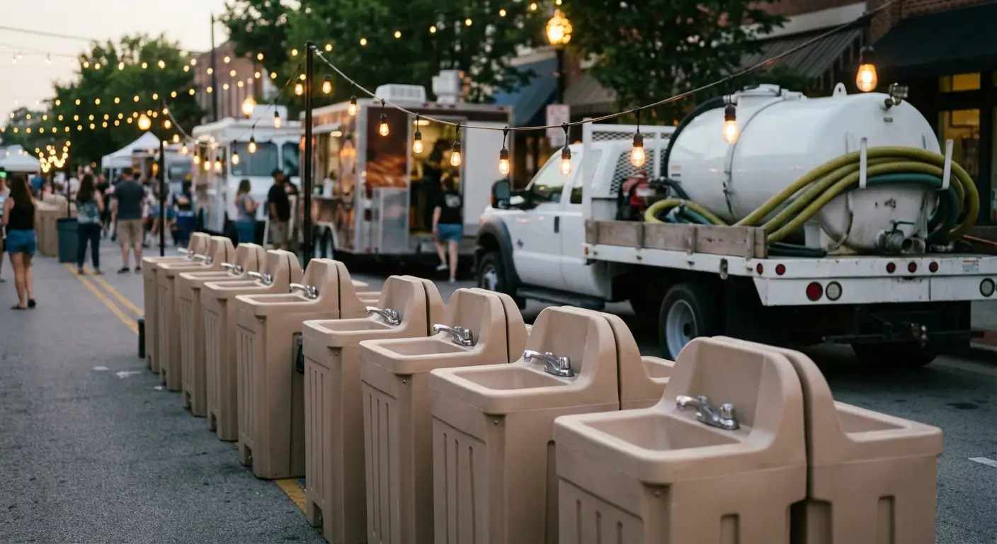 A row of clean, grey portable hand wash stations set up on pavement near food trucks, with blurred festival lights and crowd in the background. in Menifee, CA