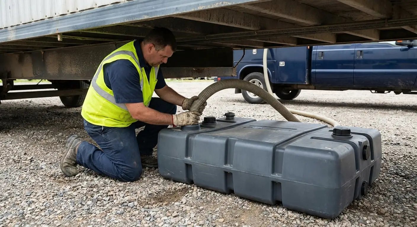 Menifee Valley Portables vacuum truck servicing a waste holding tank at a construction site