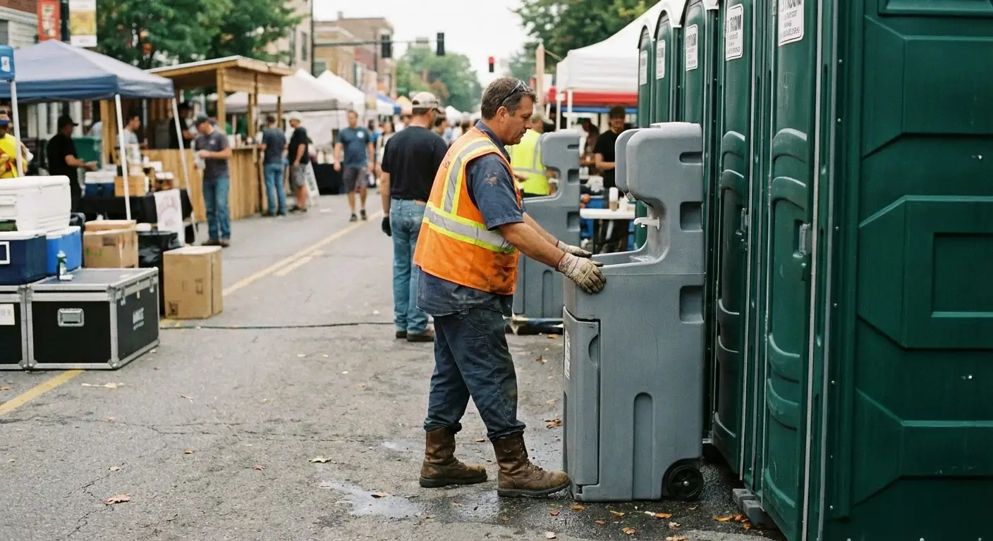A row of pristine Special Event Portable Restrooms and hand wash stations lined up along a festival barrier with blurred crowds in the background. in Menifee, CA