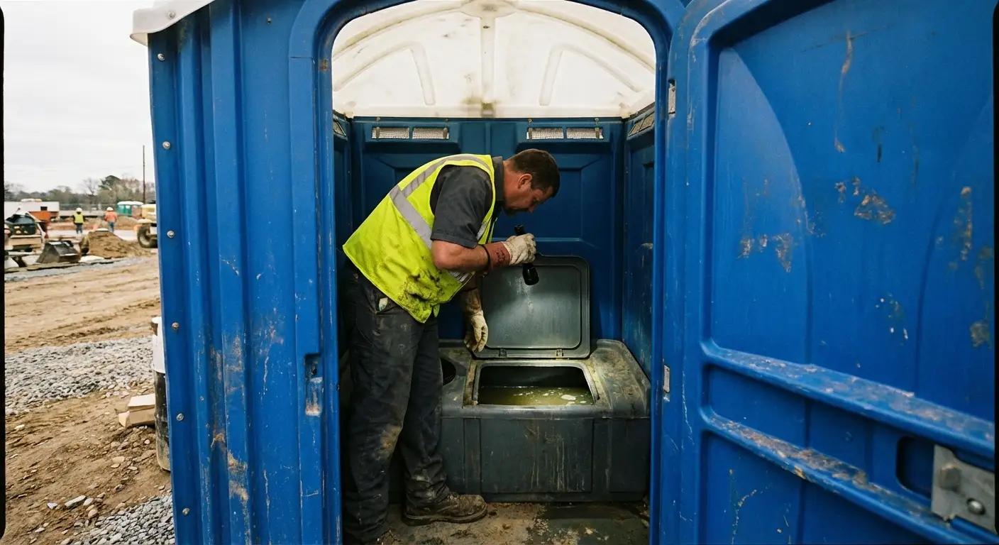 Technician inspecting waste tank levels in Menifee, CA