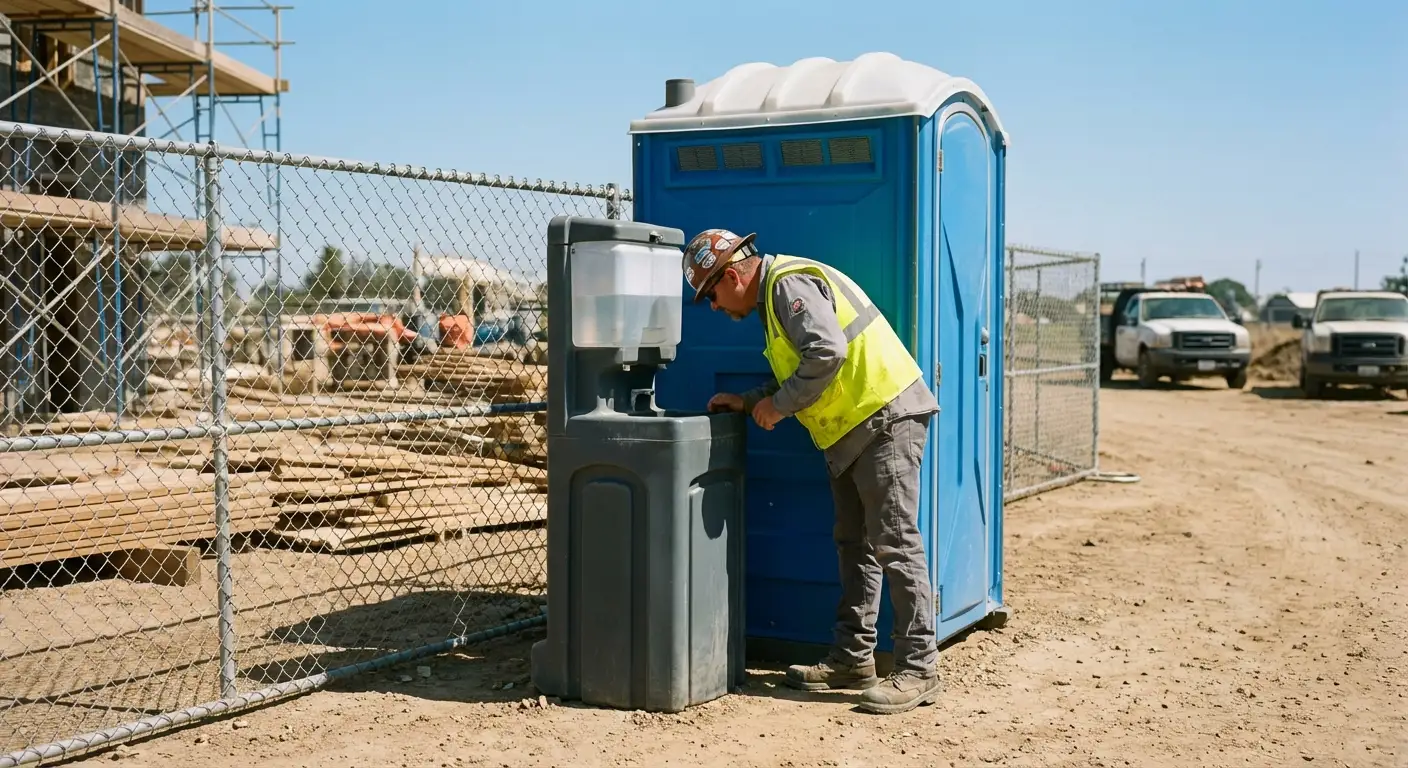 A close-up view of a portable hand wash station next to a portable toilet on a dirt construction site, focusing on the foot pump mechanism. in Menifee, CA