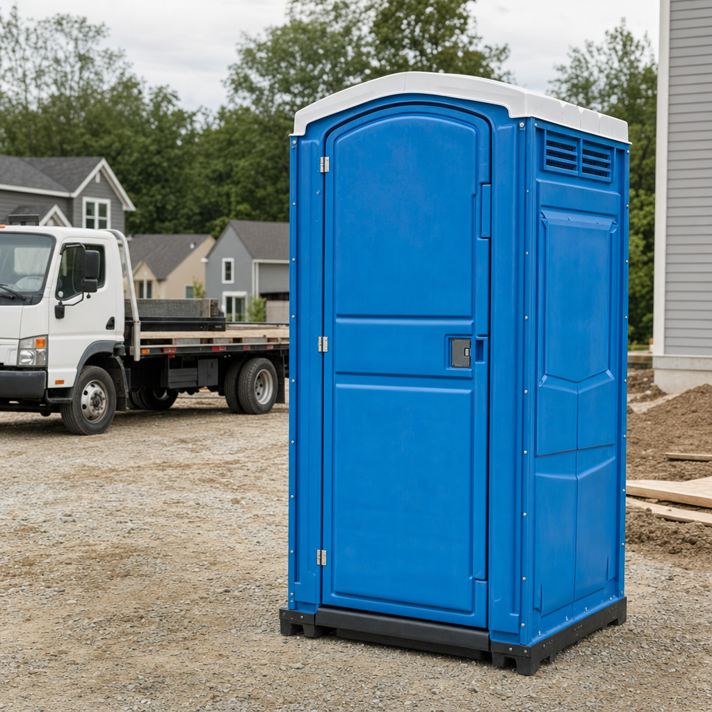 Delivery driver positioning a clean royal-blue portable toilet on level ground at a Menifee worksite