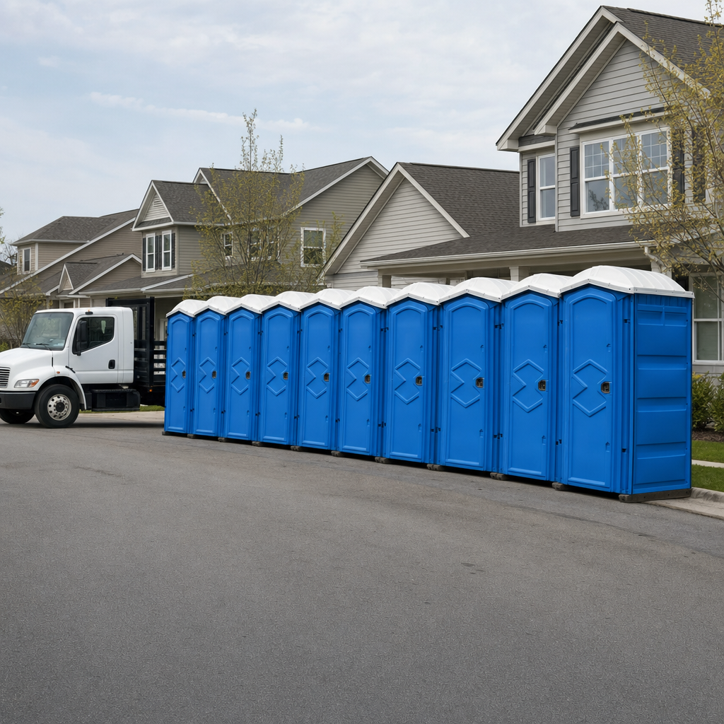 Royal blue portable toilets staged in a tidy row at a Menifee jobsite, ready for delivery